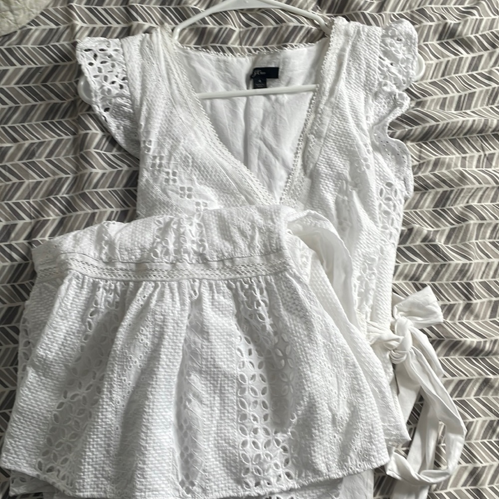 White eyelet tie waist dress